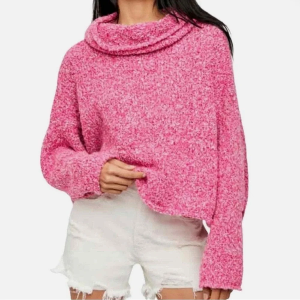 Free People BFF Cowl Neck Sweater Prickly Pear Pink XS Crop Oversized Knit